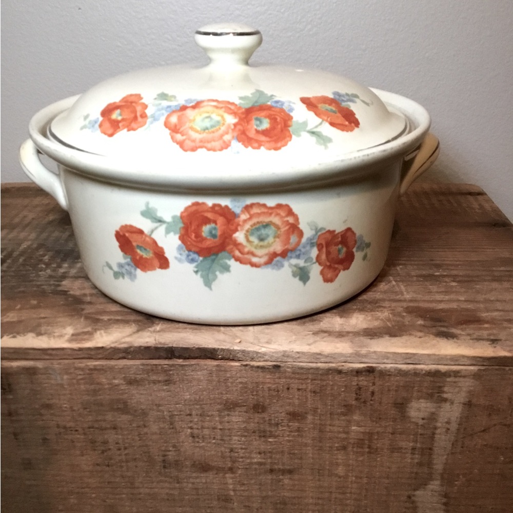 1940s HALL'S KITCHENWARE Orange Poppy 2-Handle OVAL CASSEROLE DISH w/LID USA